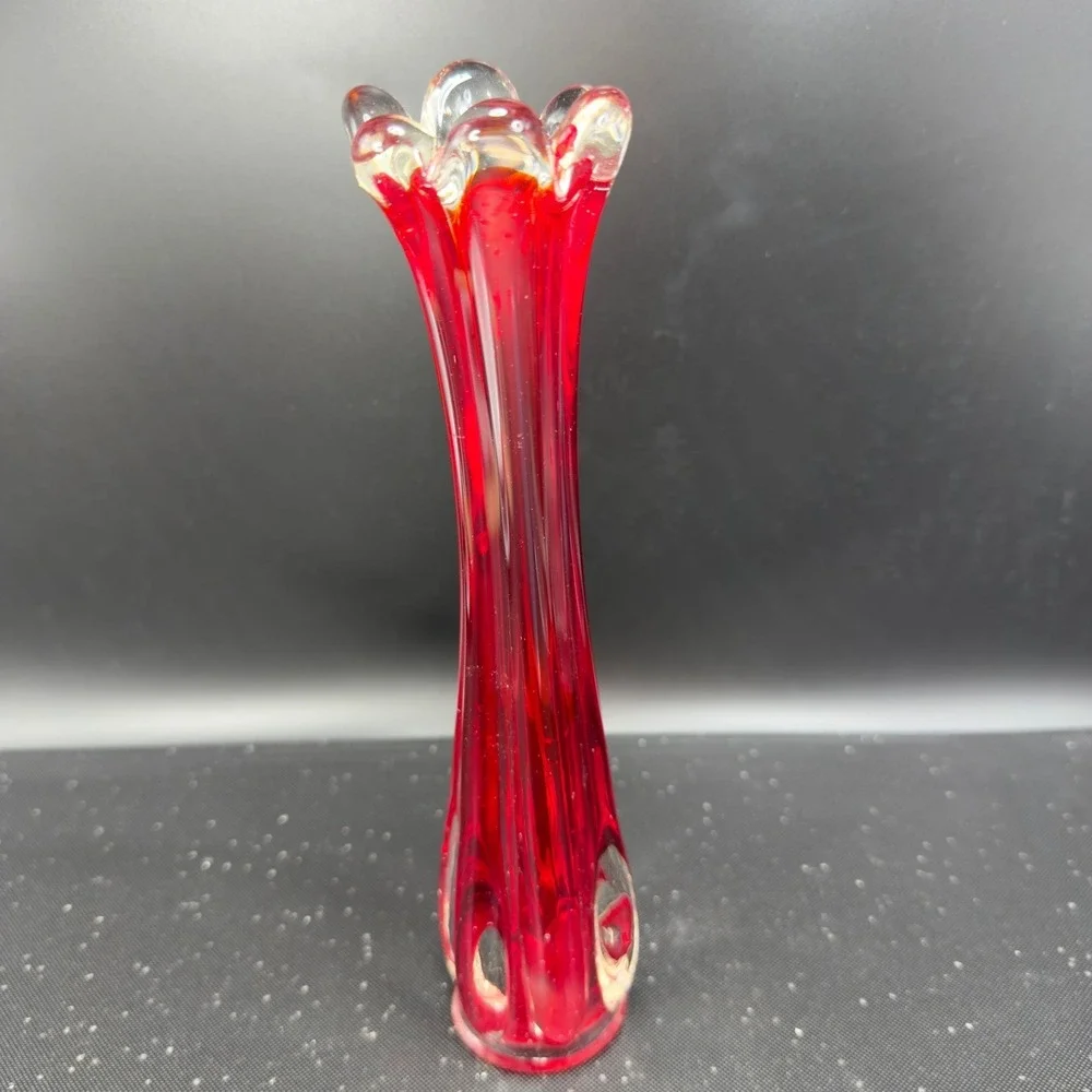 Vintage Ruby Red Swung Glass Bud Vase Ruffled Finger Rim Mid Century Modern‎ VTG